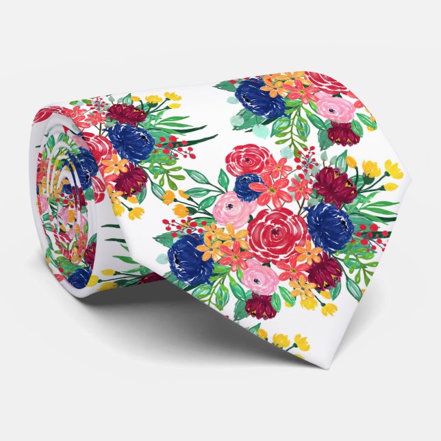 Navy Blue and Red watercolor boho chic Flowers Tie (Rolled)