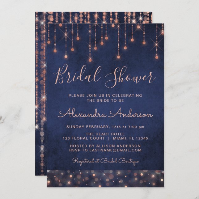 Navy Blue and Rose Gold Bridal Shower Invitation (Front/Back)