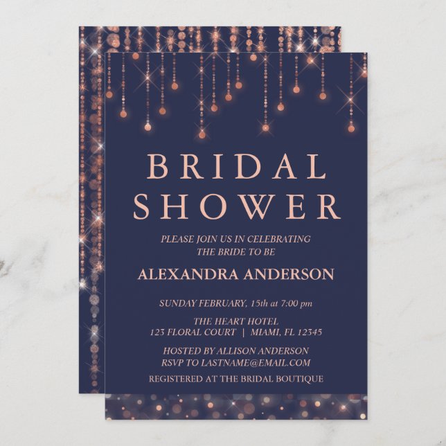 Navy Blue and Rose Gold Bridal Shower Invitation (Front/Back)