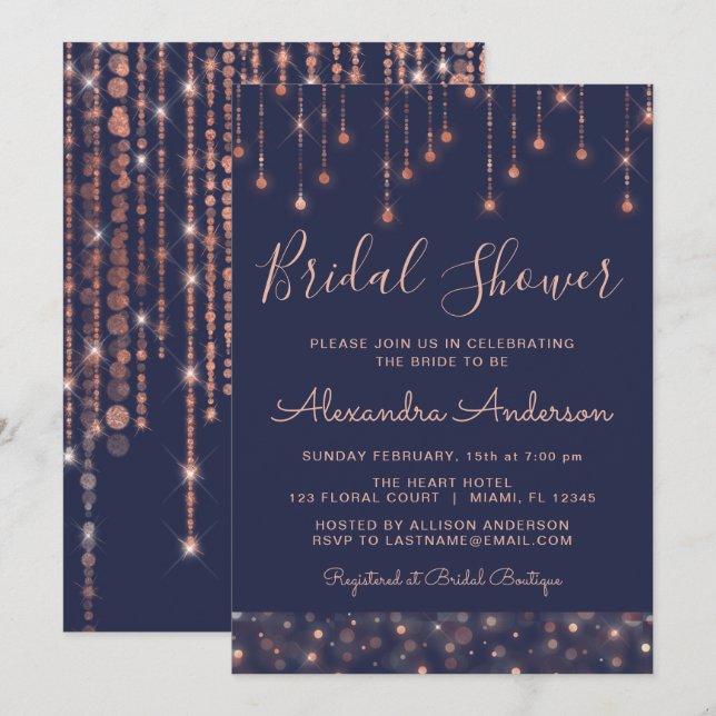 Navy Blue and Rose Gold Bridal Shower Invitation (Front/Back)