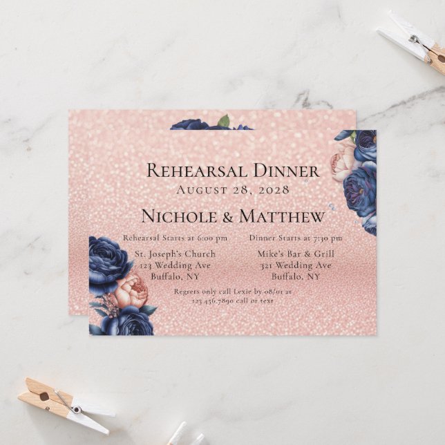 Navy Blue and Rose Gold Flora Rehearsal Dinner Invitation (Front/Back In Situ)