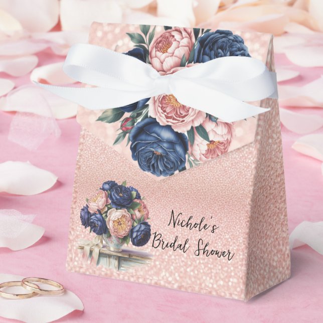 Navy Blue and Rose Gold Floral Bridal Shower Favour Box (Wedding)