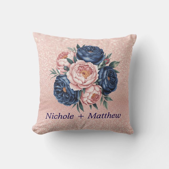 Navy Blue and Rose Gold Floral Cushion (Front)