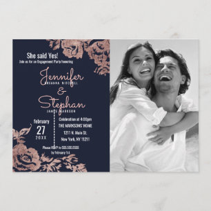 Navy Blue and Rose Gold Floral Engagement Invitation