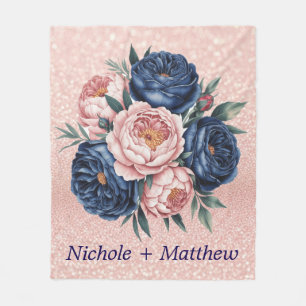Navy Blue and Rose Gold Floral Fleece Blanket