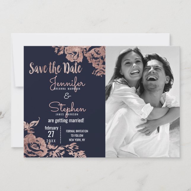 Navy Blue and Rose Gold Floral Save the Date (Front)