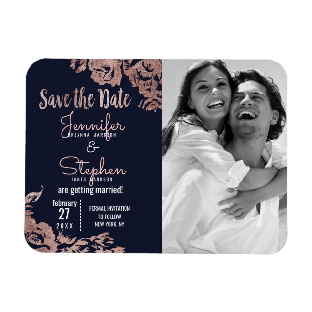 Navy Blue and Rose Gold Floral Save the Date Magnet (Horizontal)