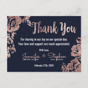 Navy Blue and Rose Gold Floral Thank You Postcard