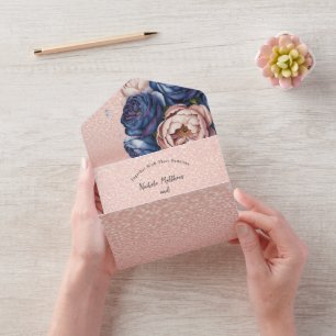 Navy Blue and Rose Gold Floral Wedding All In One Invitation