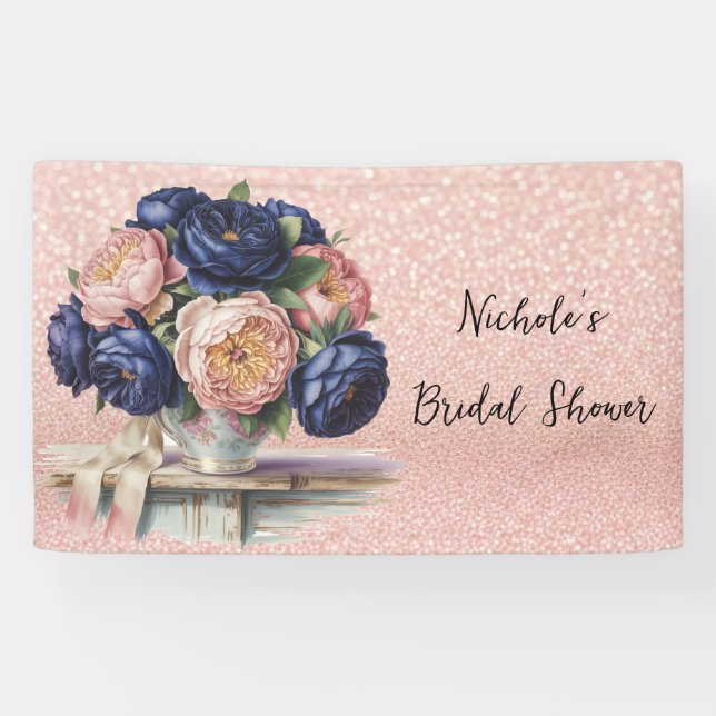 Navy Blue and Rose Gold Floral Wedding  Banner (Horizontal)
