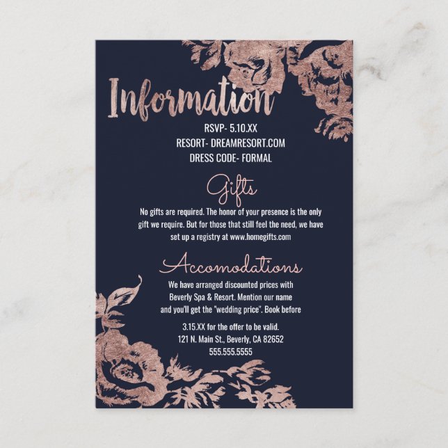 Navy Blue and Rose Gold Floral Wedding Information Enclosure Card (Front)