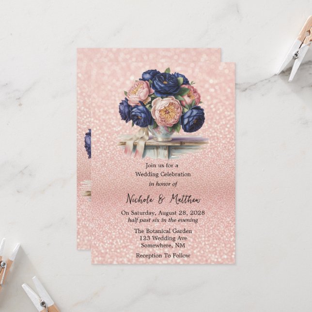Navy Blue and Rose Gold Floral Wedding  Invitation (Front/Back In Situ)
