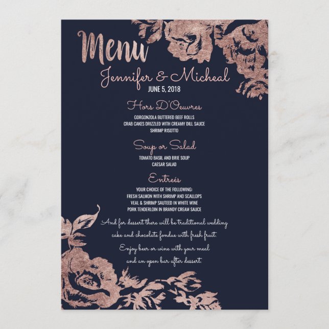 Navy Blue and Rose Gold Floral Wedding Menu (Front)