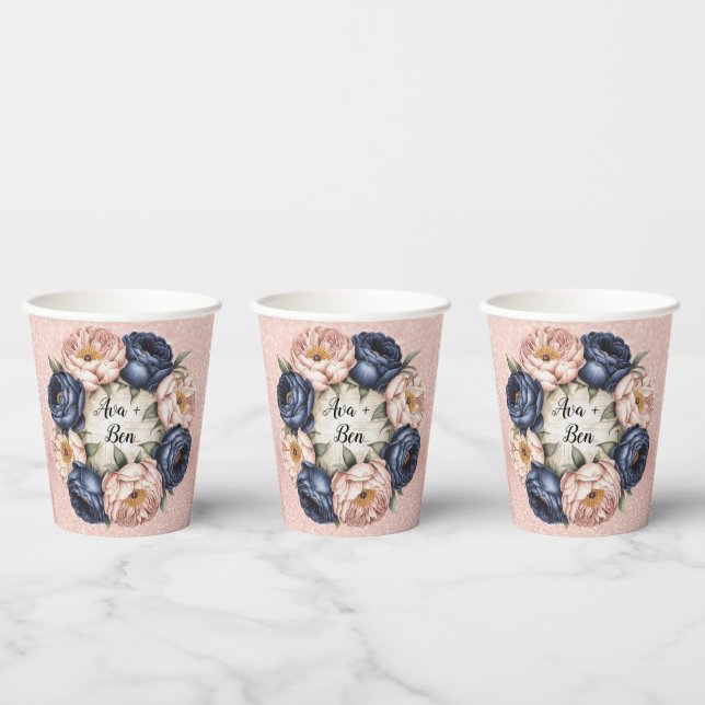 Navy Blue and Rose Gold Floral Wedding  Paper Cups (Multi)