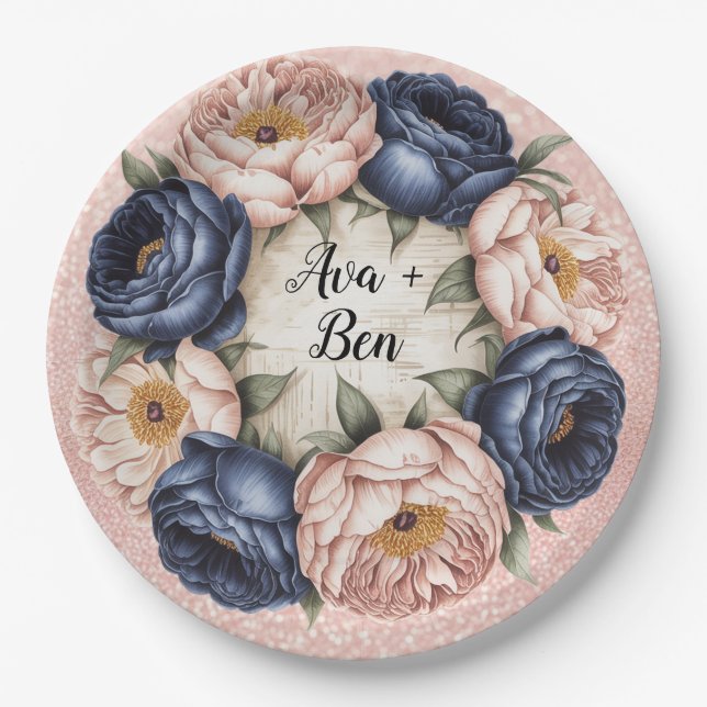 Navy Blue and Rose Gold Floral Wedding  Paper Plate (Front)