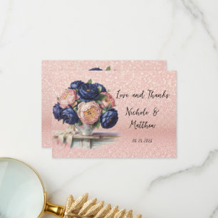 Navy Blue and Rose Gold Floral Wedding Thank You Card