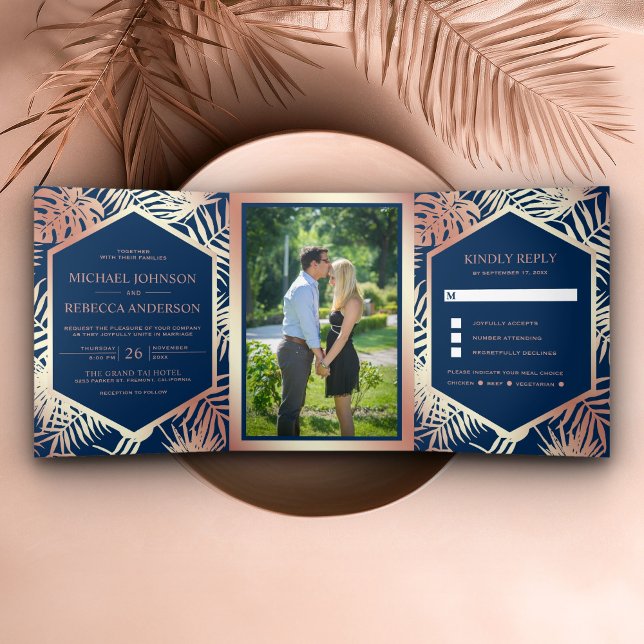 Navy Blue and Rose Gold Foil Tropical Palm Wedding Tri-Fold Invitation (Creator Uploaded)