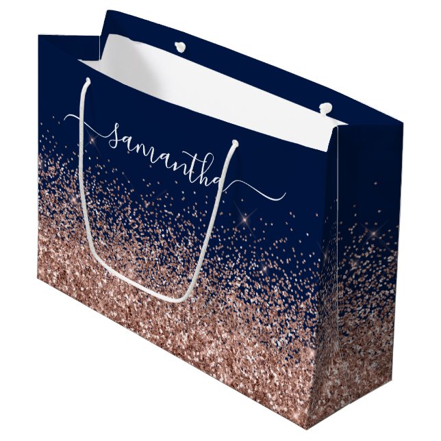 Navy Blue and Rose Gold Glitter Elegant Name Large Gift Bag (Front Angled)
