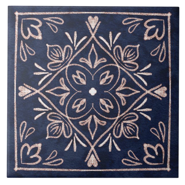 Navy Blue and Rose Gold Modern Ceramic Tile (Front)