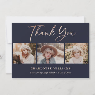 Navy Blue and Rose Gold Photo Collage Graduation Thank You Card