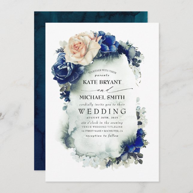 Navy Blue and Rust Terracotta Floral Boho Wedding Invitation (Front/Back)