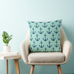 Navy Blue and Seafoam Green Anchor Pattern Cushion