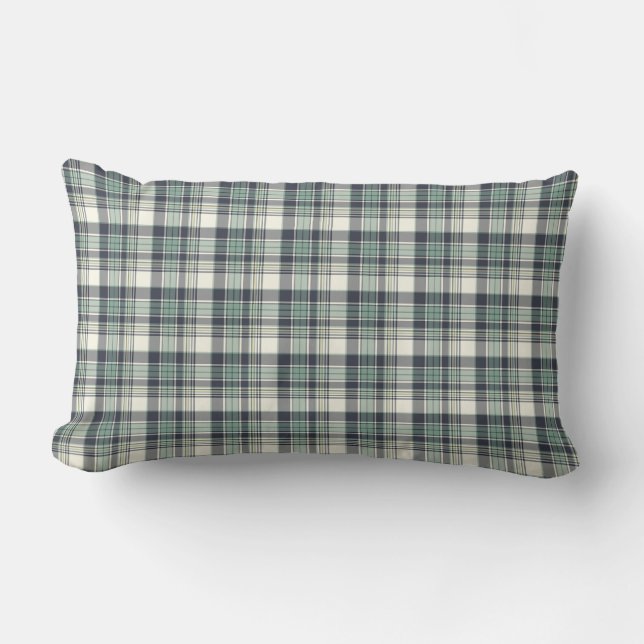 Navy Blue and Seafoam Green Coastal Plaid Lumbar Cushion (Front)
