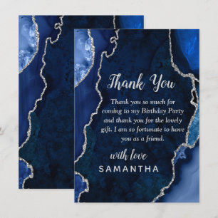 Navy Blue and Silver Agate Birthday Party Thank You Card