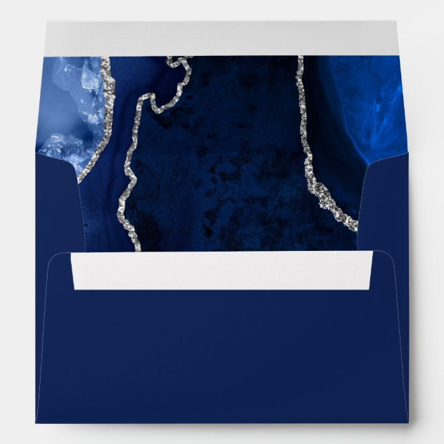 Navy Blue and Silver Agate Marble Birthday Party Envelope (Back (Bottom))
