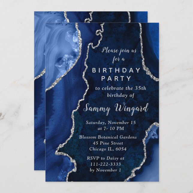 Navy Blue and Silver Agate Marble Birthday Party Invitation (Front/Back)