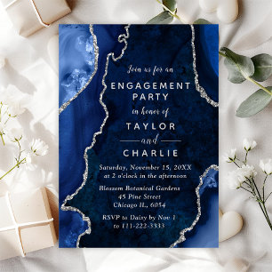 Navy Blue and Silver Agate Marble Engagement Party Invitation