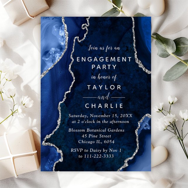 Navy Blue and Silver Agate Marble Engagement Party Invitation (Creator Uploaded)