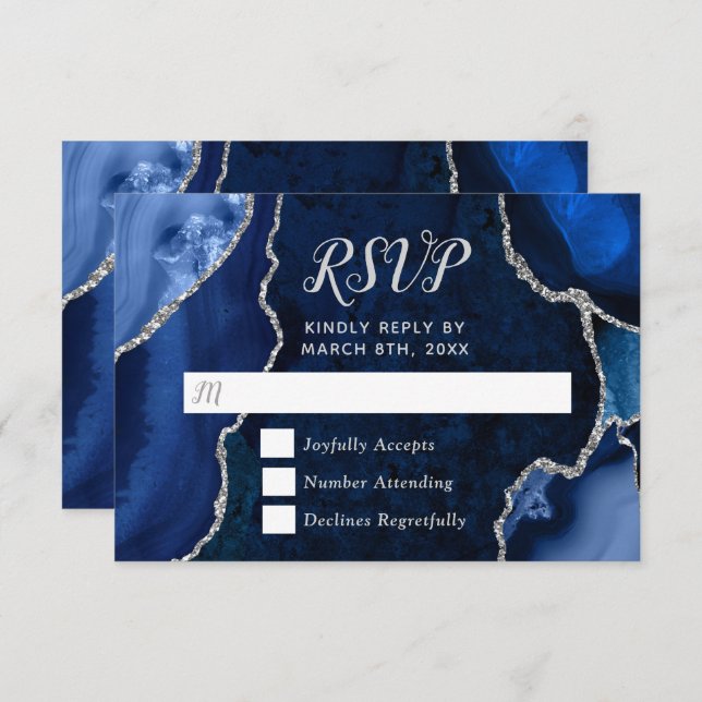Navy Blue and Silver Agate Marble RSVP Card (Front/Back)