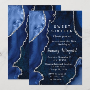 Navy Blue and Silver Agate Marble Sweet Sixteen Invitation