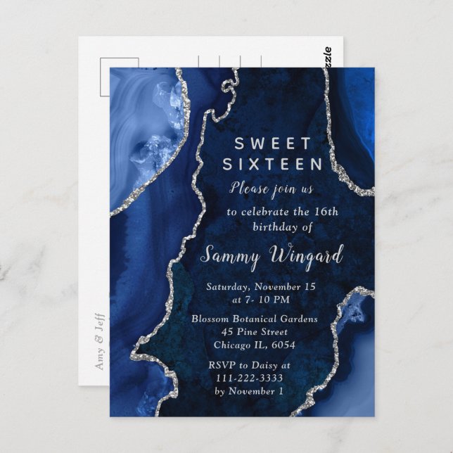 Navy Blue and Silver Agate Marble Sweet Sixteen Postcard (Front/Back)