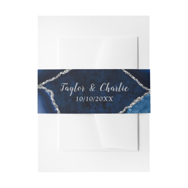 Navy Blue and Silver Agate Marble Wedding Invitation Belly Band (Front Example)