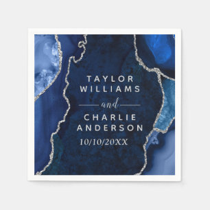 Navy Blue and Silver Agate Marble Wedding Napkin