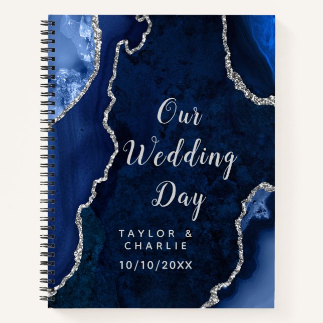 Navy Blue and Silver Agate Marble Wedding Notebook (Front)