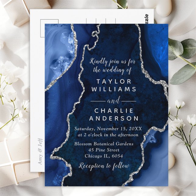 Navy Blue and Silver Agate Marble Wedding Postcard (Creator Uploaded)