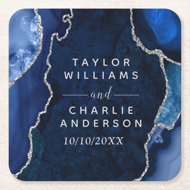 Navy Blue and Silver Agate Marble Wedding Square Paper Coaster (Front)