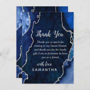 Navy Blue and Silver Agate Sweet Sixteen Thank You Card
