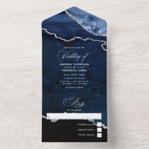 Navy Blue and Silver Agate Wedding All In One Invi Invitation