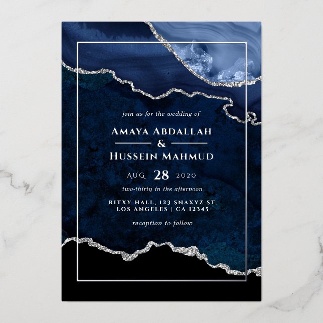 Navy Blue and Silver Agate Wedding Foil Invitation (Front)