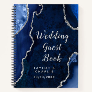 Navy Blue and Silver Agate Wedding Guest Book
