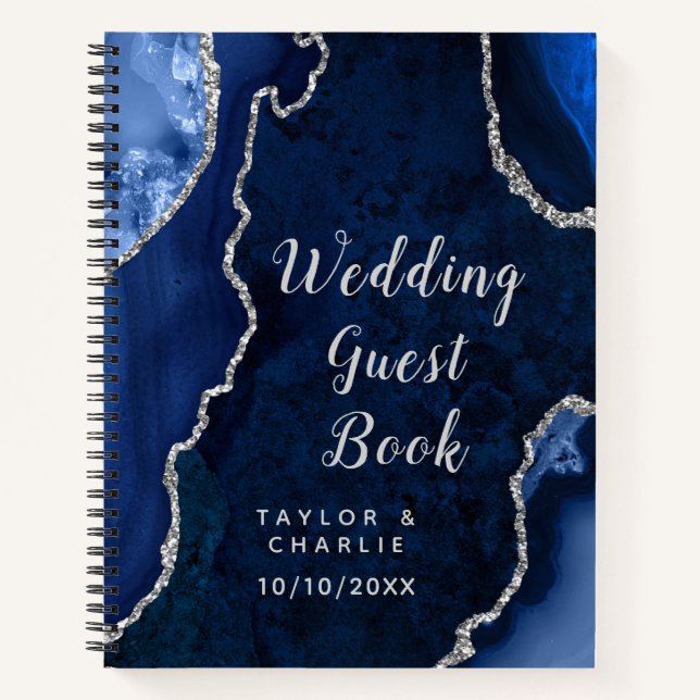 Navy Blue and Silver Agate Wedding Guest Book (Front)