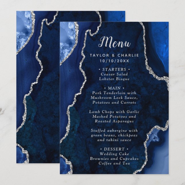 Navy Blue and Silver Agate Wedding Menu (Front/Back)