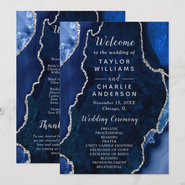 Navy Blue and Silver Agate Wedding Program (Front/Back)