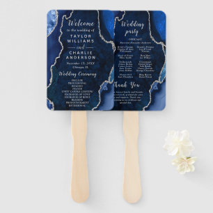 Navy Blue and Silver Agate Wedding Program Hand Fan