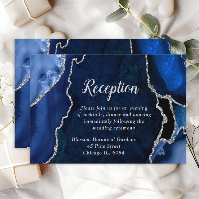 Navy Blue and Silver Agate Wedding Reception Enclosure Card (Creator Uploaded)