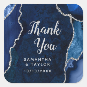Navy Blue and Silver Agate Wedding Thank You Square Sticker